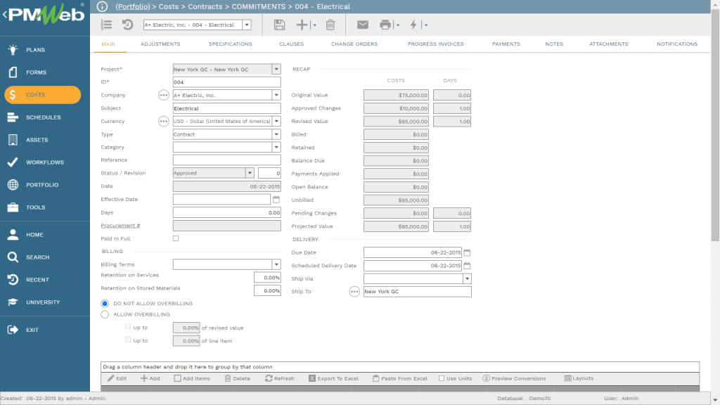 PMWeb 7 Costs Contracts Commitments 