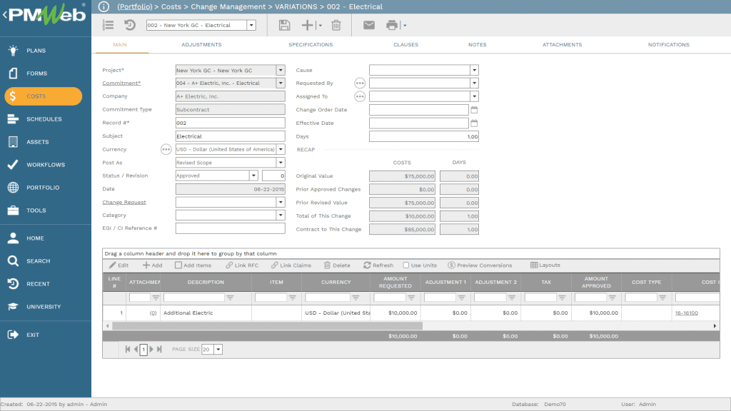 PMWeb 7 Costs Change Management Variations for tracking Financial Performance