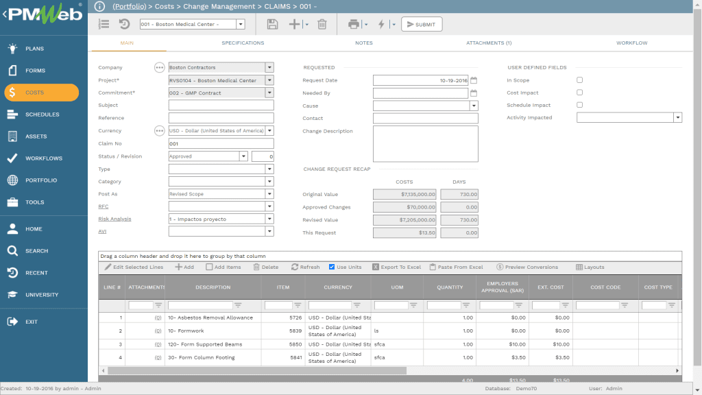 PMWeb 7 Costs Change Management Claims for tracking Financial Performance