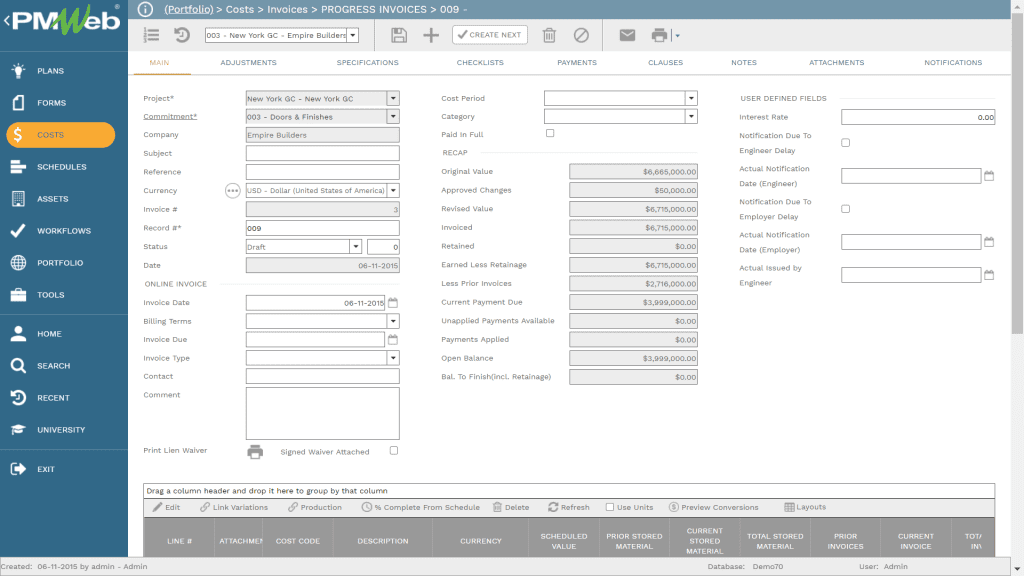 PMWeb 7 Costs Invoices Progress Invoices for tracking Financial Performance