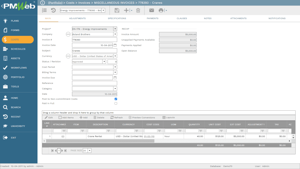 PMWeb 7 Costs Invoices Miscellaneous Invoices for tracking Financial Performance