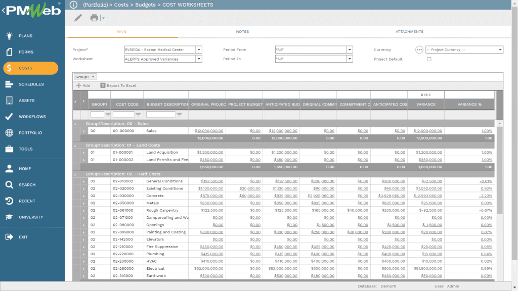 PMWeb 7 Costs Budgets Cost Worksheets for tracking Financial Performance