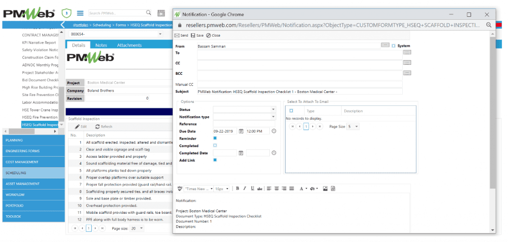 PMWeb 7 HSEQ Scaffolding Inspection Checklist Notification
