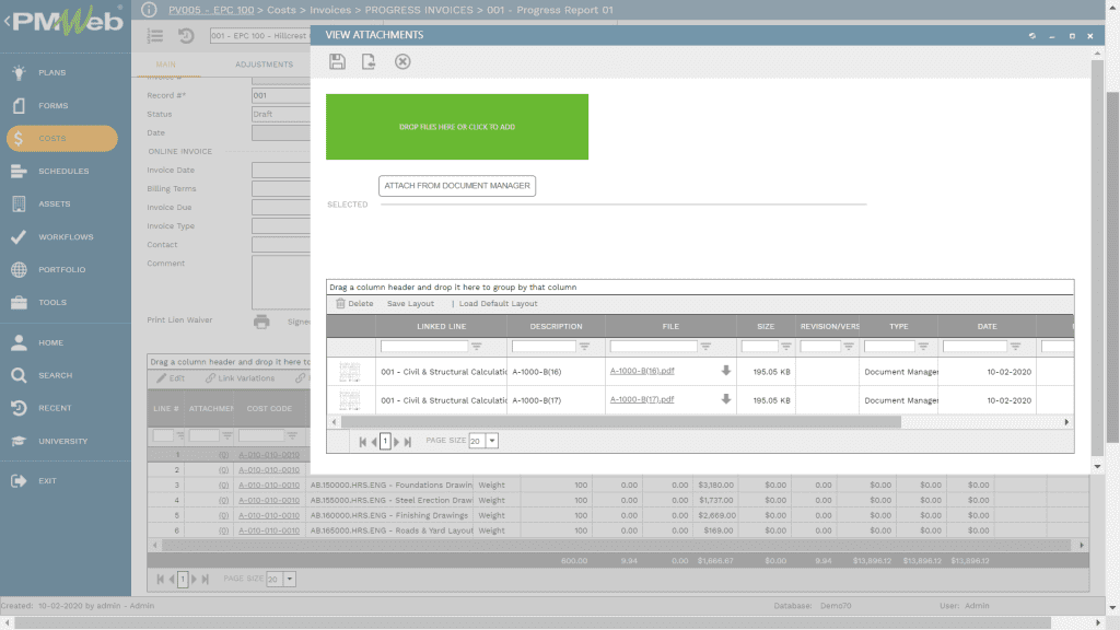 PMWeb 7 Costs Invoices Progress Invoice