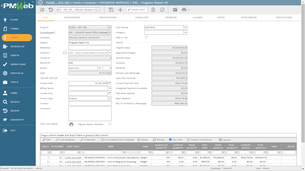 PMWeb 7 Costs Invoices Progress Invoice for managing Procurement Deliverables