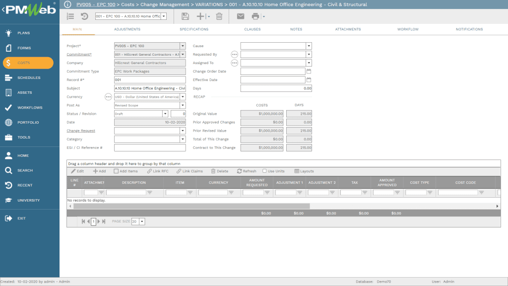 PMWeb 7 Costs Change Management Variations for measuring Procurement Deliverables