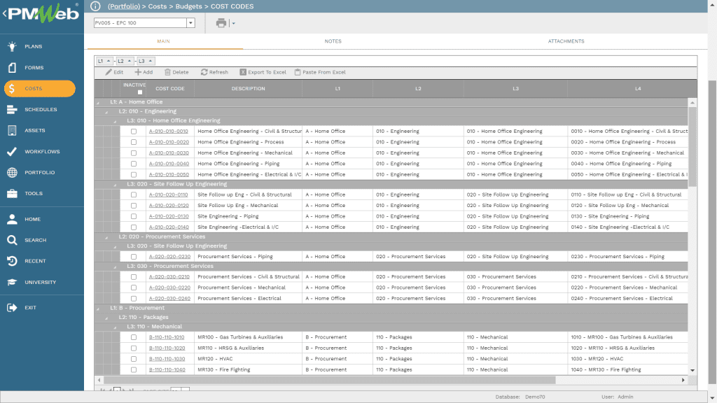 PMWeb7 Costs Budgets Cost Codes