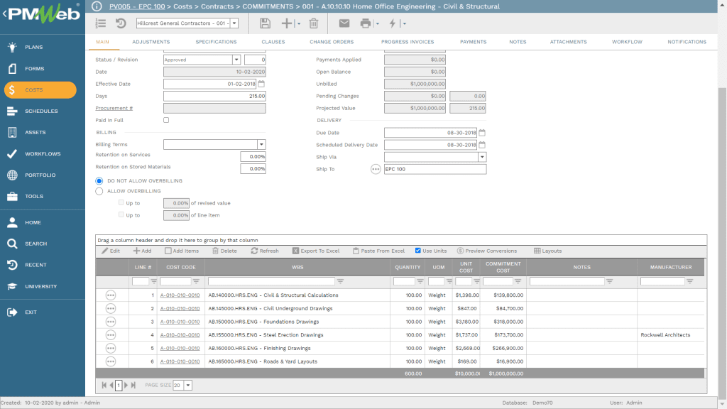 PMWeb 7 Costs Contracts Commitments 