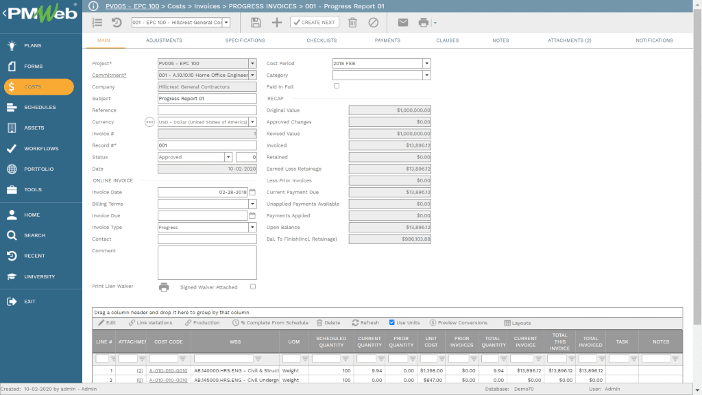 PMWeb 7 Costs Invoices Progress Invoice