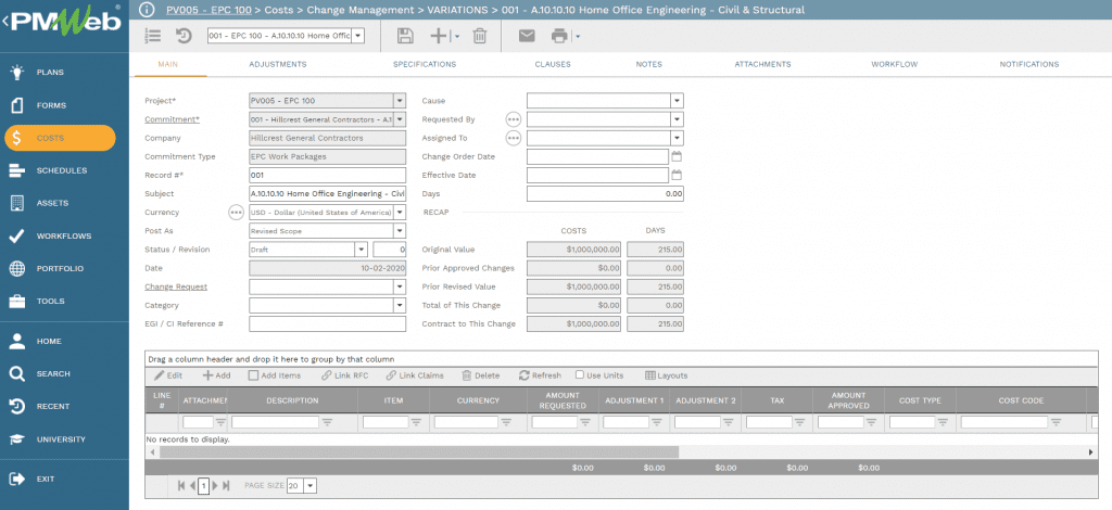 PMWeb 7 Costs Change Managment Variations