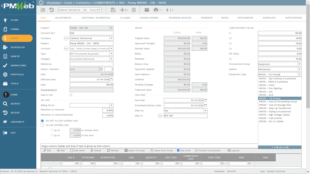 PMWeb 7 Costs Contracts Commitments