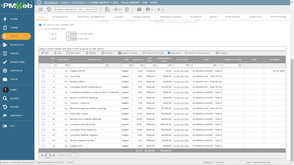 PMWeb 7 Costs Contracts Commitments