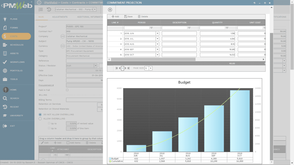 PMWeb 7 Costs Contracts Commitment Projection