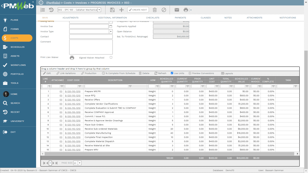 PMWeb 7 Costs Invoice Progress Invoices