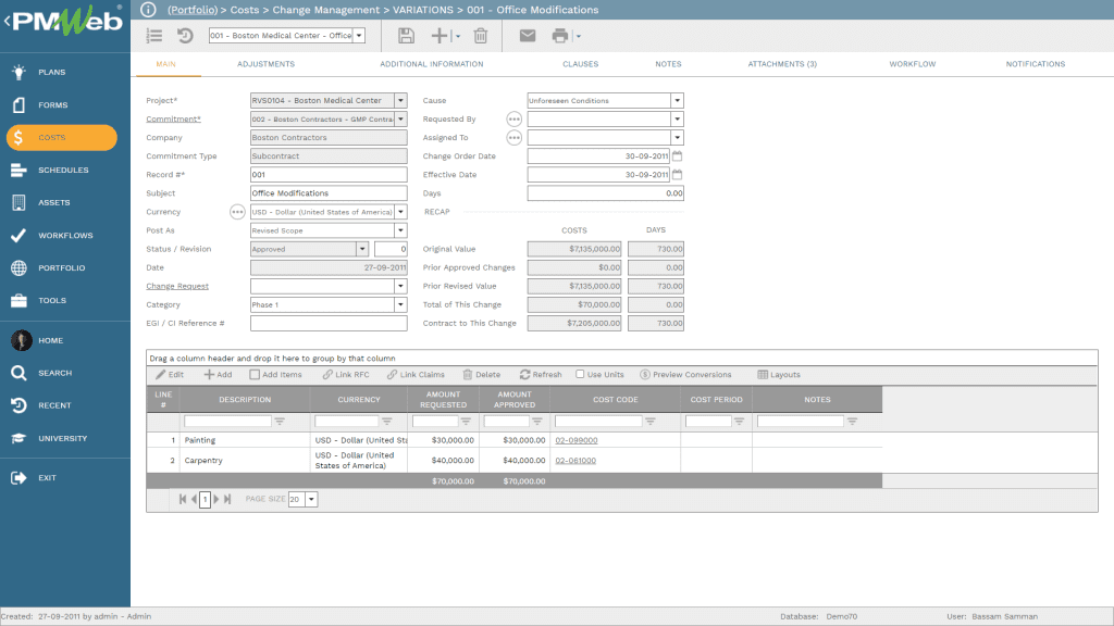 PMWeb 7 Costs Change Management Variations to track Budget Performance