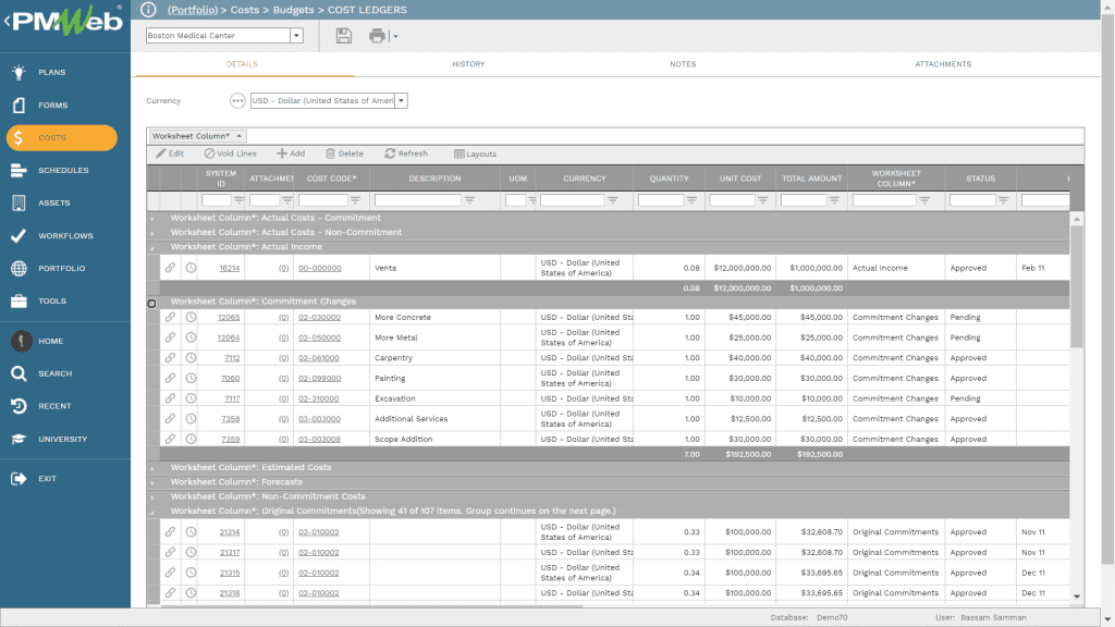 PMWeb 7 Costs Budgets Cost Ledgers to measure Budget Performance