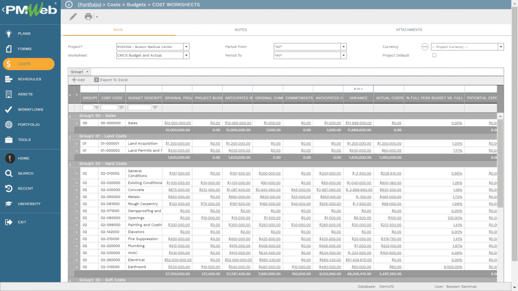 PMWeb 7 Costs Budgets Cost Worksheets to measure Budget Performance