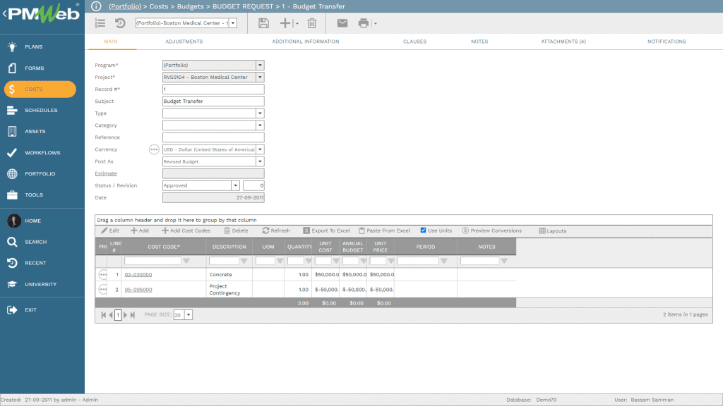 PMWeb 7 Costs Budgets Budget Request to track Budget Performance