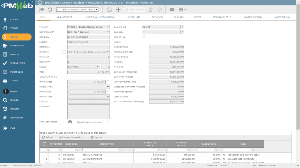 PMWeb 7 Costs Invoices Progress Invoices 