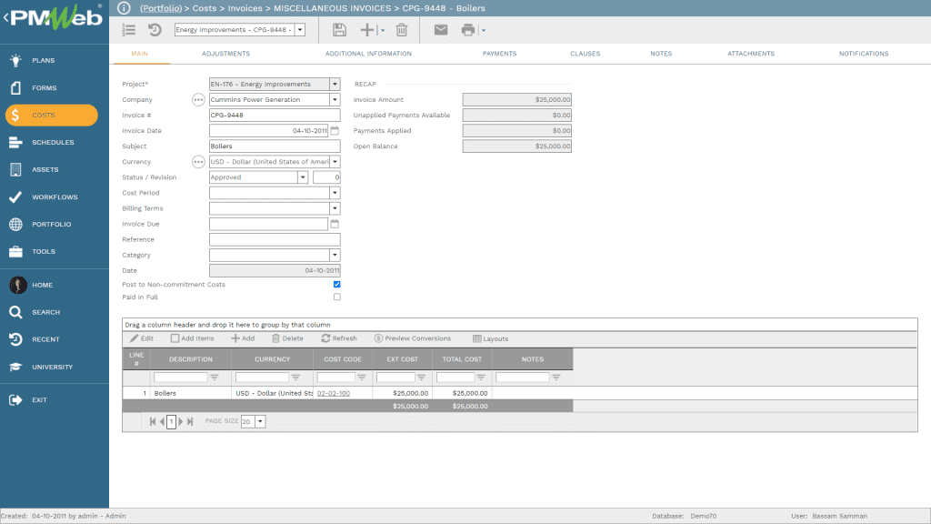 PMWeb 7 Costs Invoices Miscellaneous Invoices to track Budget Performance