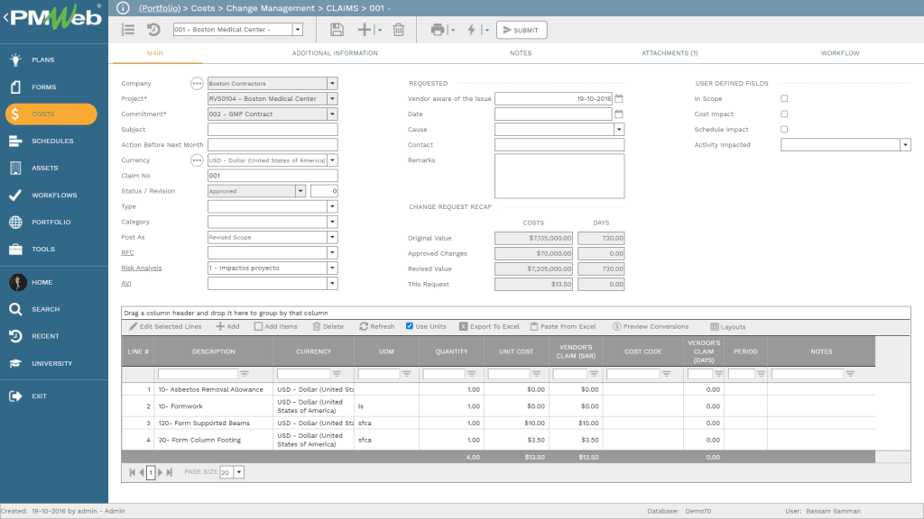 PMWeb 7 Costs Change Management Variations to track Budget Performance