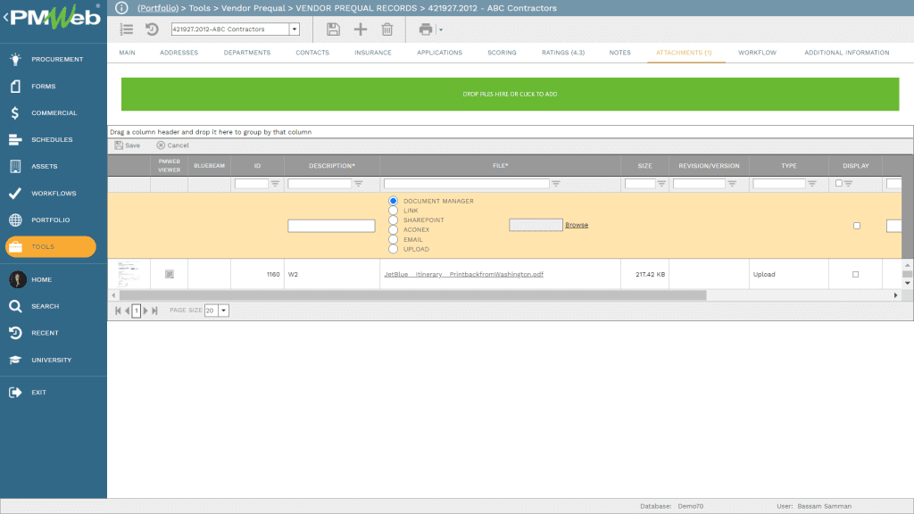 PMWeb 7 Tools Vendor Prequal Records