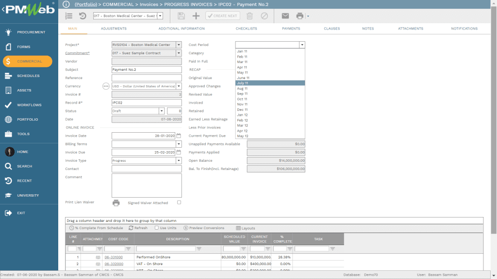 PMWeb 7 Commercial Invoices progress invoices 