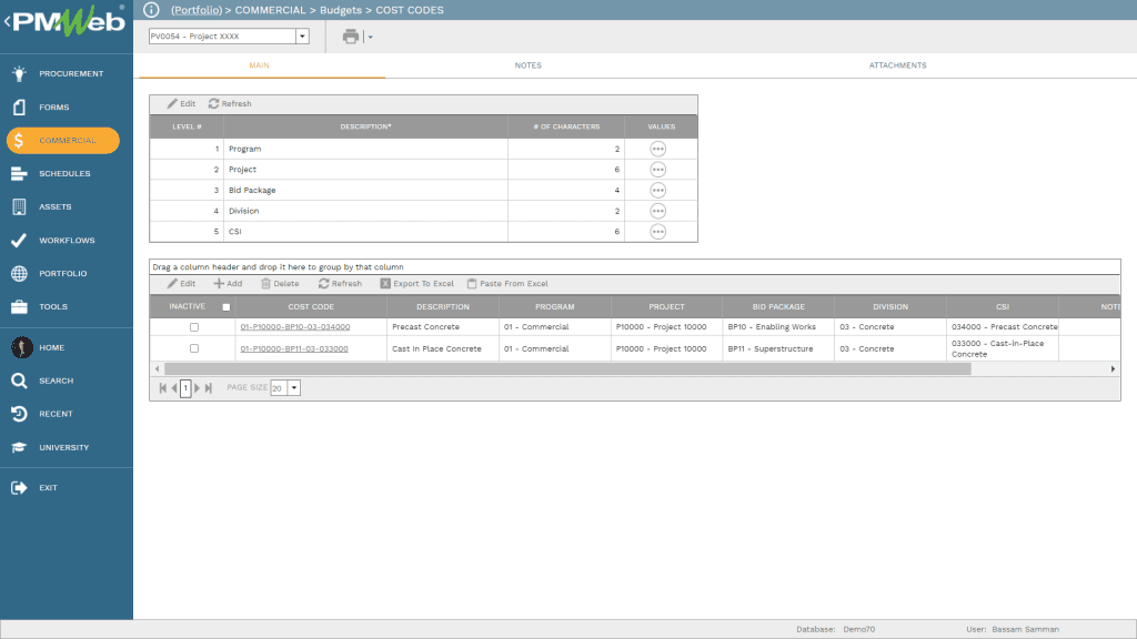 PMWeb 7 Commercial Budgets Cost Codes