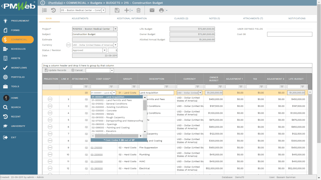 PMWeb 7 Commercial Budgets Construction Budget 