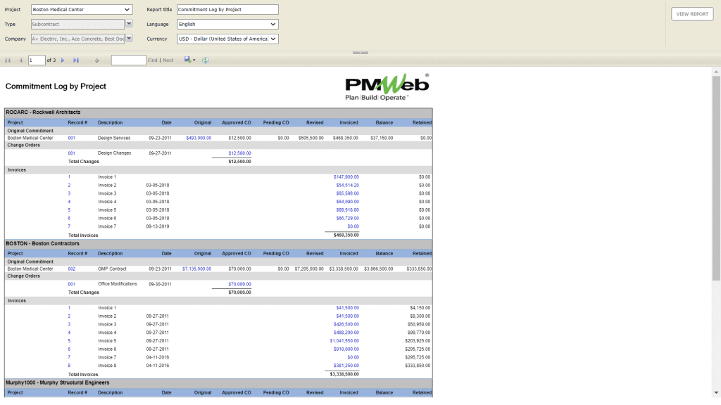 PMWeb 7 Commitment Log by Project