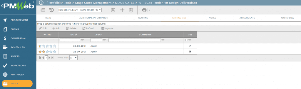 PMWeb 7 Tender For Design Deliverables Scoring for the Benefit Realization Assessment