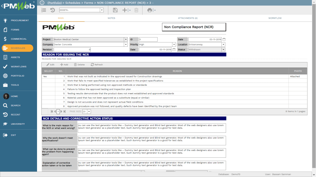 PMWeb 7 Schedules Forms Non compliance Report used to create the Quality Performance Dashboard