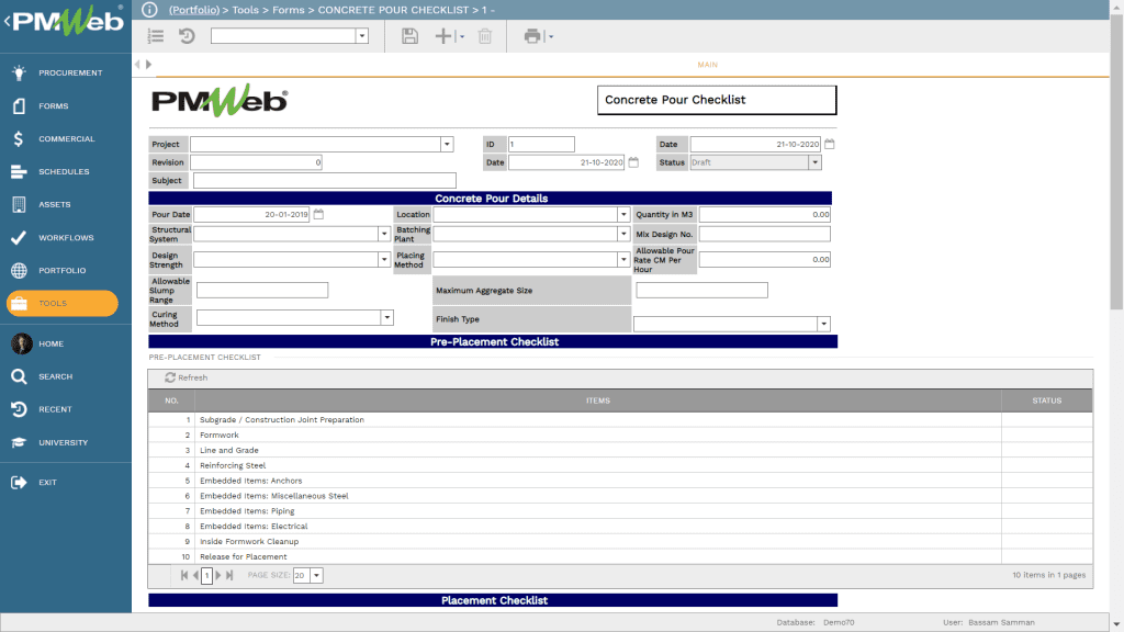 PMWeb 7 Concrete for Checklist Form used to create the Quality Performance Dashboard