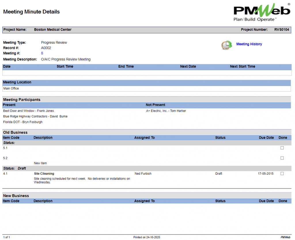 PMWeb 7 Meeting Minutes Details for Project Schedule