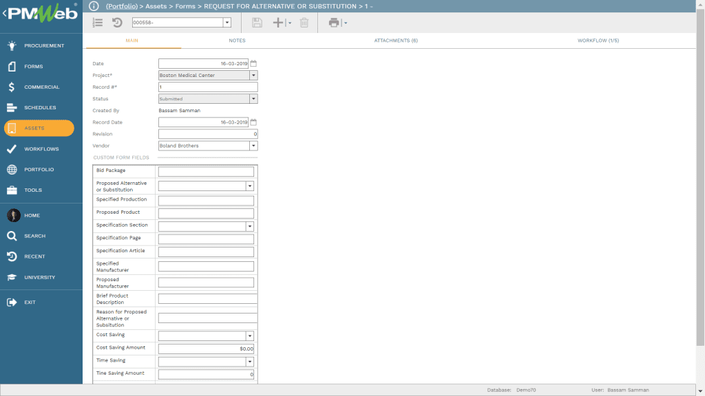 PMWeb 7 Assets Forms Request for Alternative or Substitution