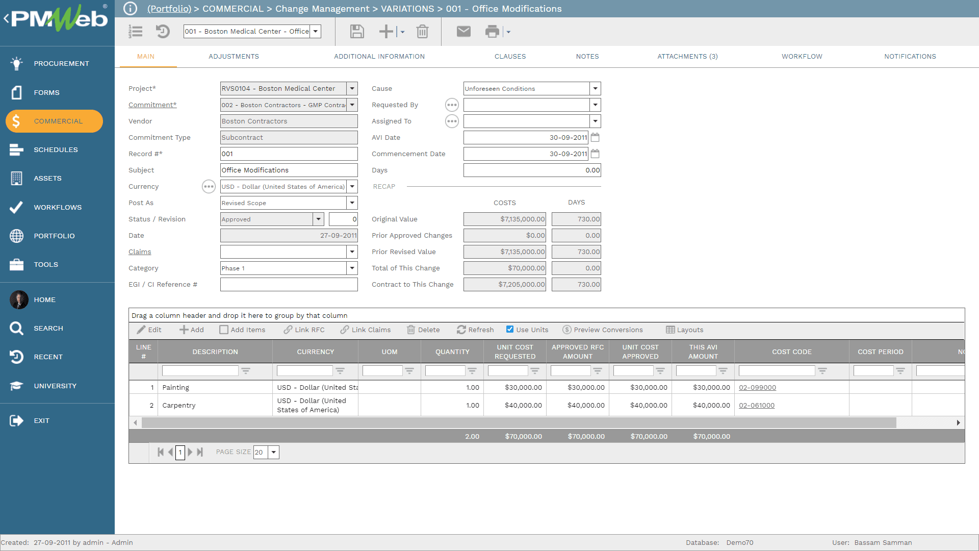 PMWeb 7 Commercial Change Management Variations