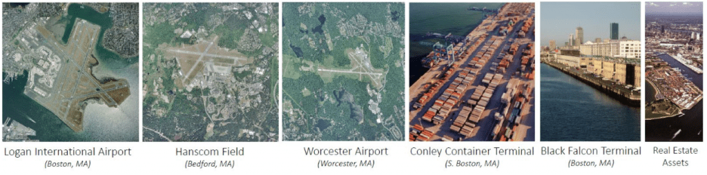 Massport
Logan International, Hanscom Field, Worcester Airport  bird view 
Conley Container Terminal 
Black Falcon Terminal 