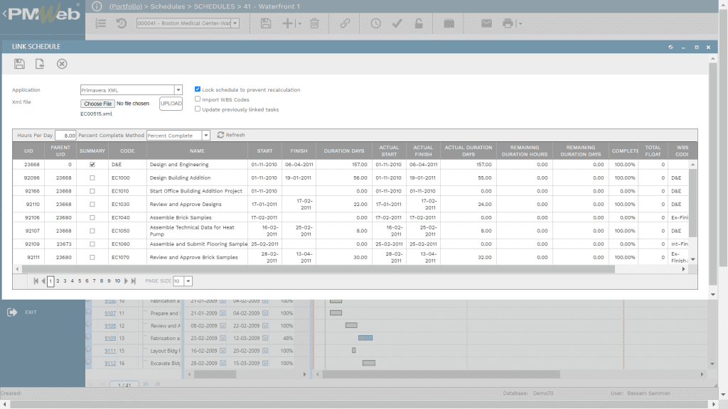 PMWeb 7 Schedules for creating Schedule Performance reports