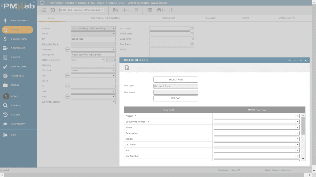 PMWeb 7 Forms Submittal Items 