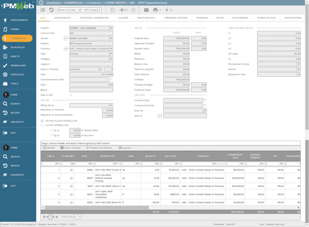 PMWeb 7 Commercial Contracts Commitments Cost Database