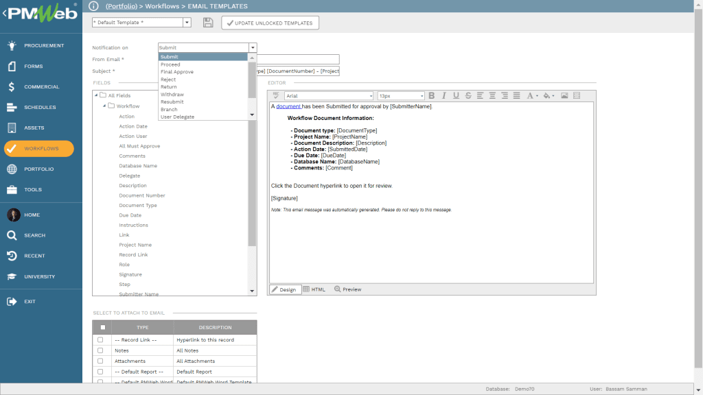 PMWeb 7  Workflow Email Templates