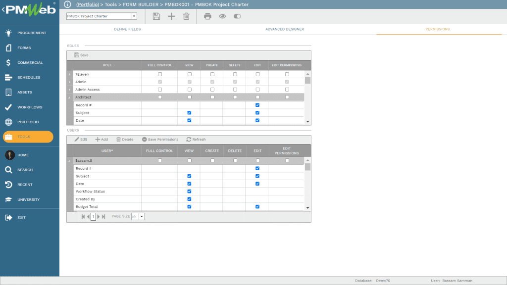 PMWeb 7 Tools Form Builder PMBOK 001 -  PMBOK Project Charter 