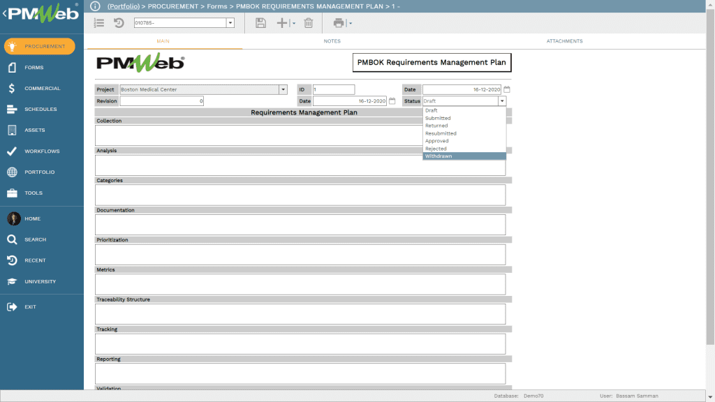 PMWeb PMBOK Requirements Management Plan  with Version History