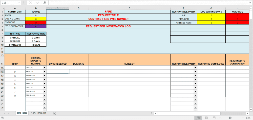 PMWeb 7 RFI Log Template used for Storytelling Reports