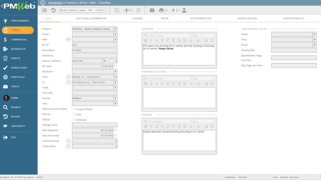 PMWeb 7 Forms RFIs Conflict for Storytelling Reports