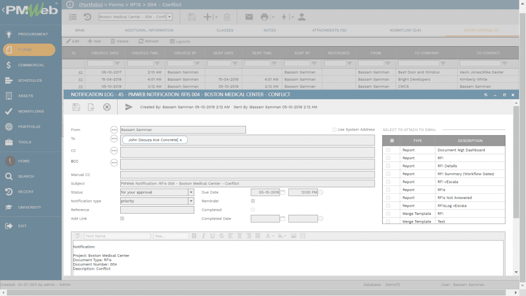 PMWeb 7 Forms RFIs Conflict Notification Log