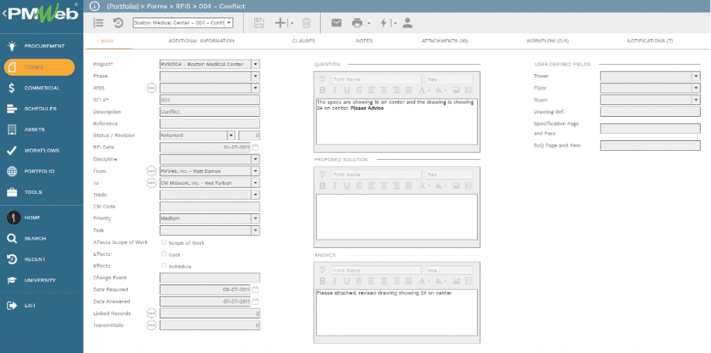 PMWeb 7 Forms RFIs Conflict 