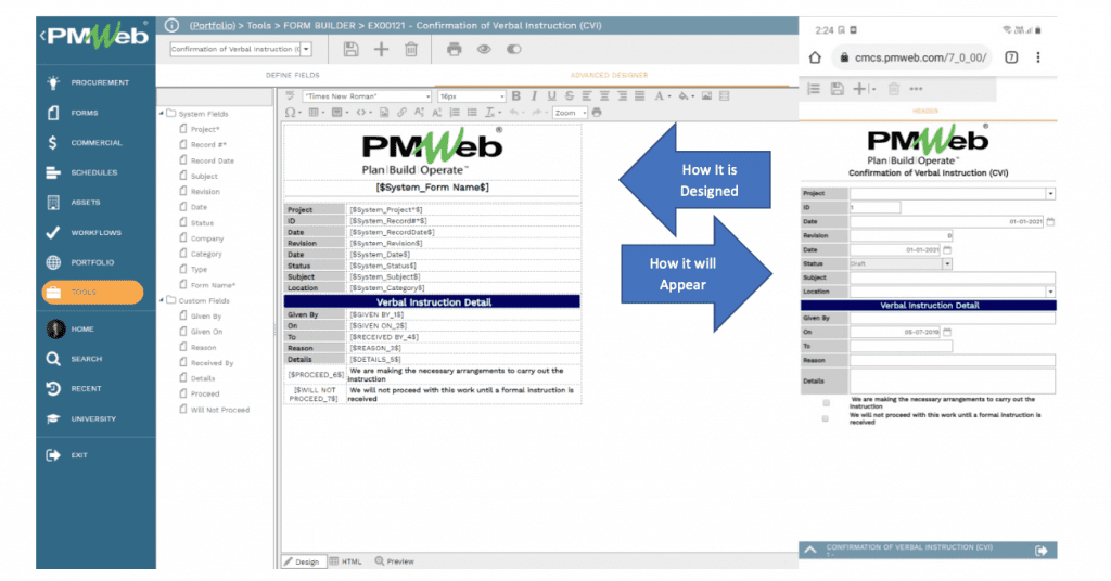 PMWeb 7 Tools Form Builder Confirmation of Verbal Instruction 