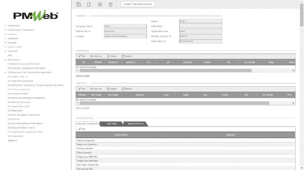 PMWeb 7 Vendor Form