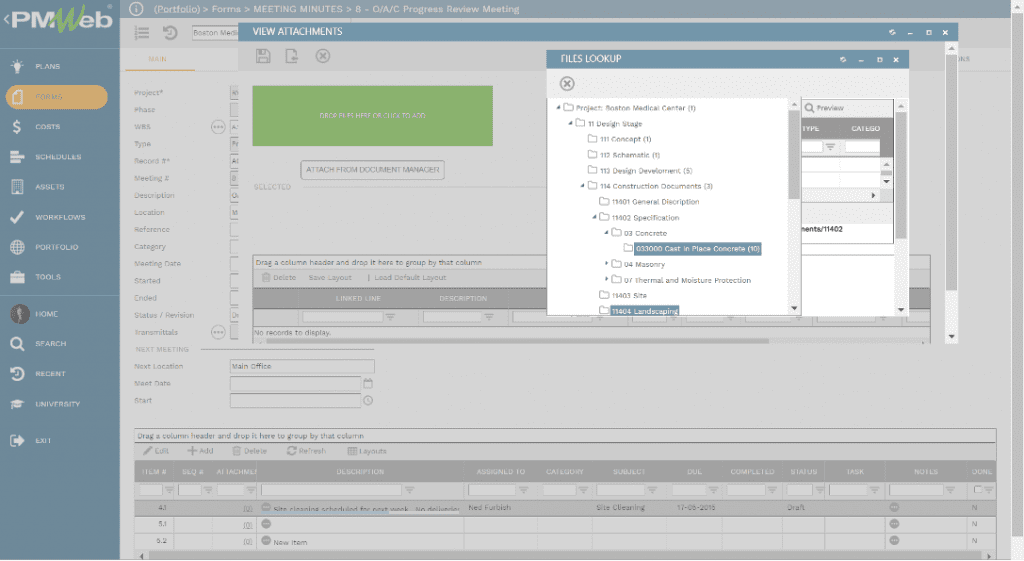 PMWeb 7 Forms Meeting Minutes Main View Attachment Files Lookup 